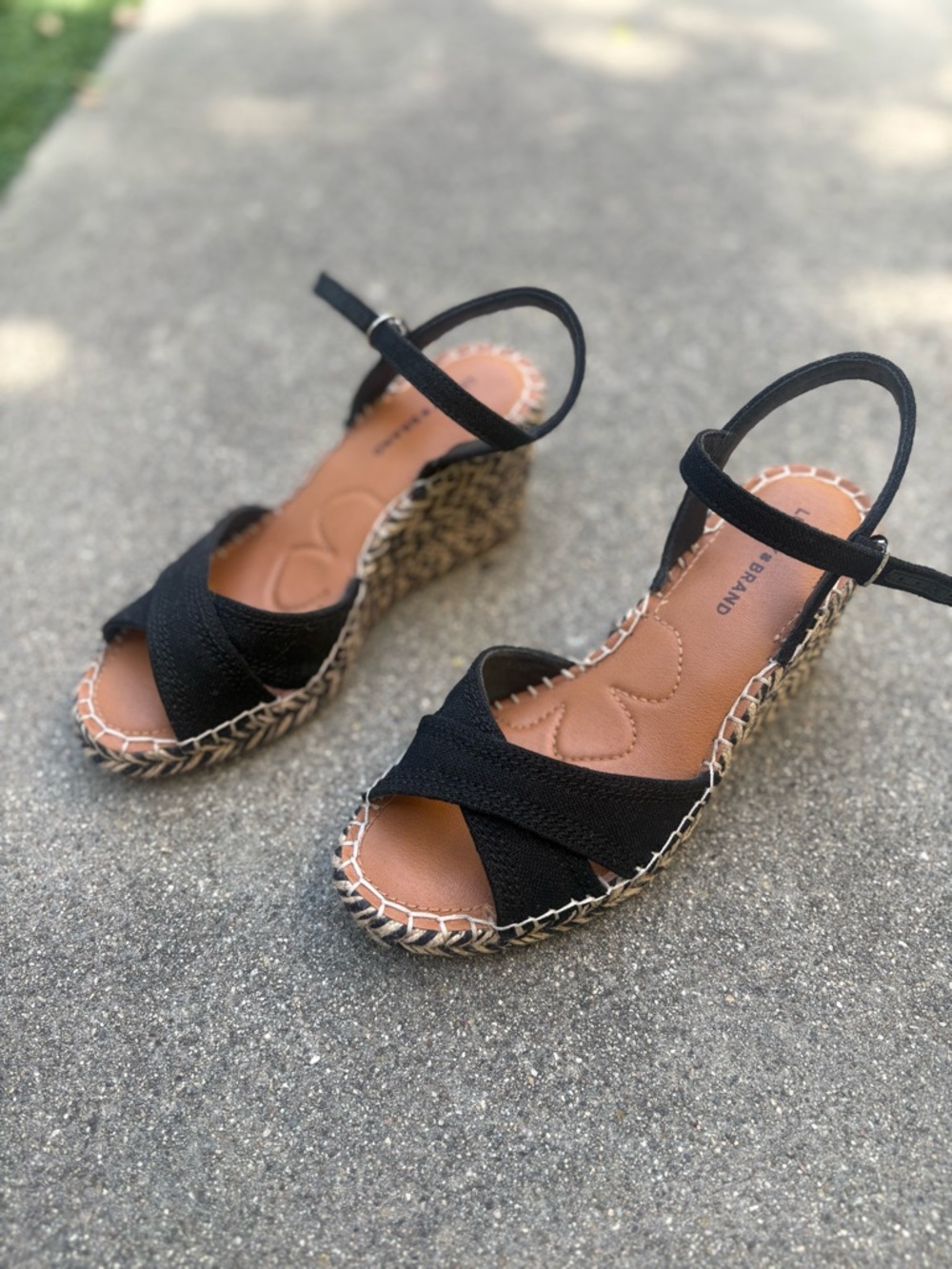 Lucky Brand Black Crisscross Espadrille Wedge Sandals with Ankle Strap